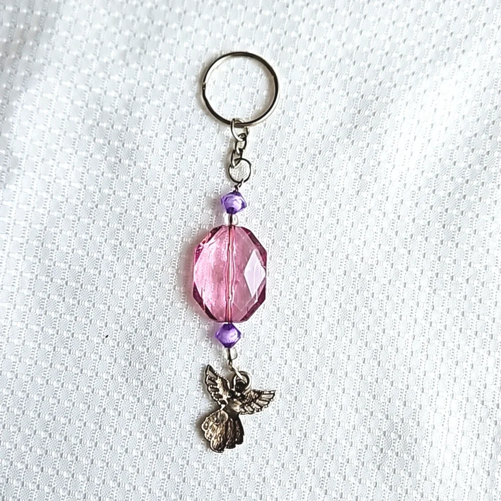 Guardian Silver Angel Crystal Purple Beaded Keychain, Keyring, Handmade